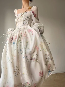  2023 Vestido De Mulher Francês Elegante Floral Midi Vestidos De Chiffon Manga Longa Veste De Festa À Noite A Praia De Fadas De Uma Peça Coreano Verão