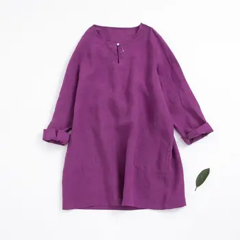  Areia-lavado puro linho simples em torno do pescoço de um botão de comprimento médio T-shirt literária de mulheres da primavera superior 23299