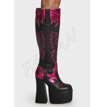  Cor-de-rosa de Costura Plataforma Botas Punk Zíper Lateral Robusta de Sapatos de Salto Alto para as Mulheres do Dedo do pé Redondo de Casamento Sapatos de 2023 Zapatos Para Mujere