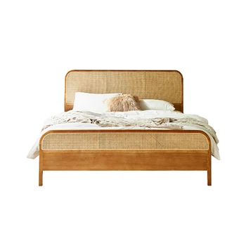  Nordic cereja madeira maciça moderno e minimalista dormir casamento de vime cama de casal