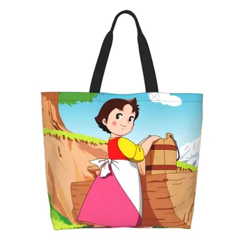  Personalizado Kawaii Heidi Menina Dos Alpes De Lona, Saco De Compras Mulheres Reutilizáveis Grande Capacidade De Supermercado Cartoon Anime Tote Shopper Bags