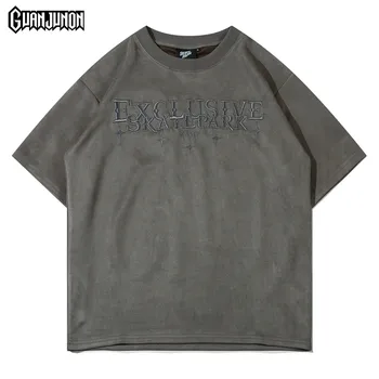  Verão T-Shirt dos Homens de Manga Curta Oversized T-shirt Bordado Carta de Camurça T Ropa Hombre Camisetas Streetwear Y2k Tops Kanye