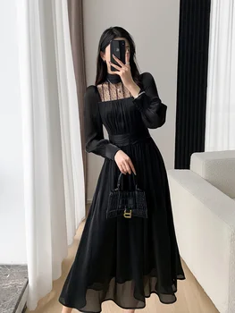  Vestido preto para as Mulheres 2023 Moda Primavera Novo High-End Sentimento com uma Cintura fina e Manga Longa Vestido